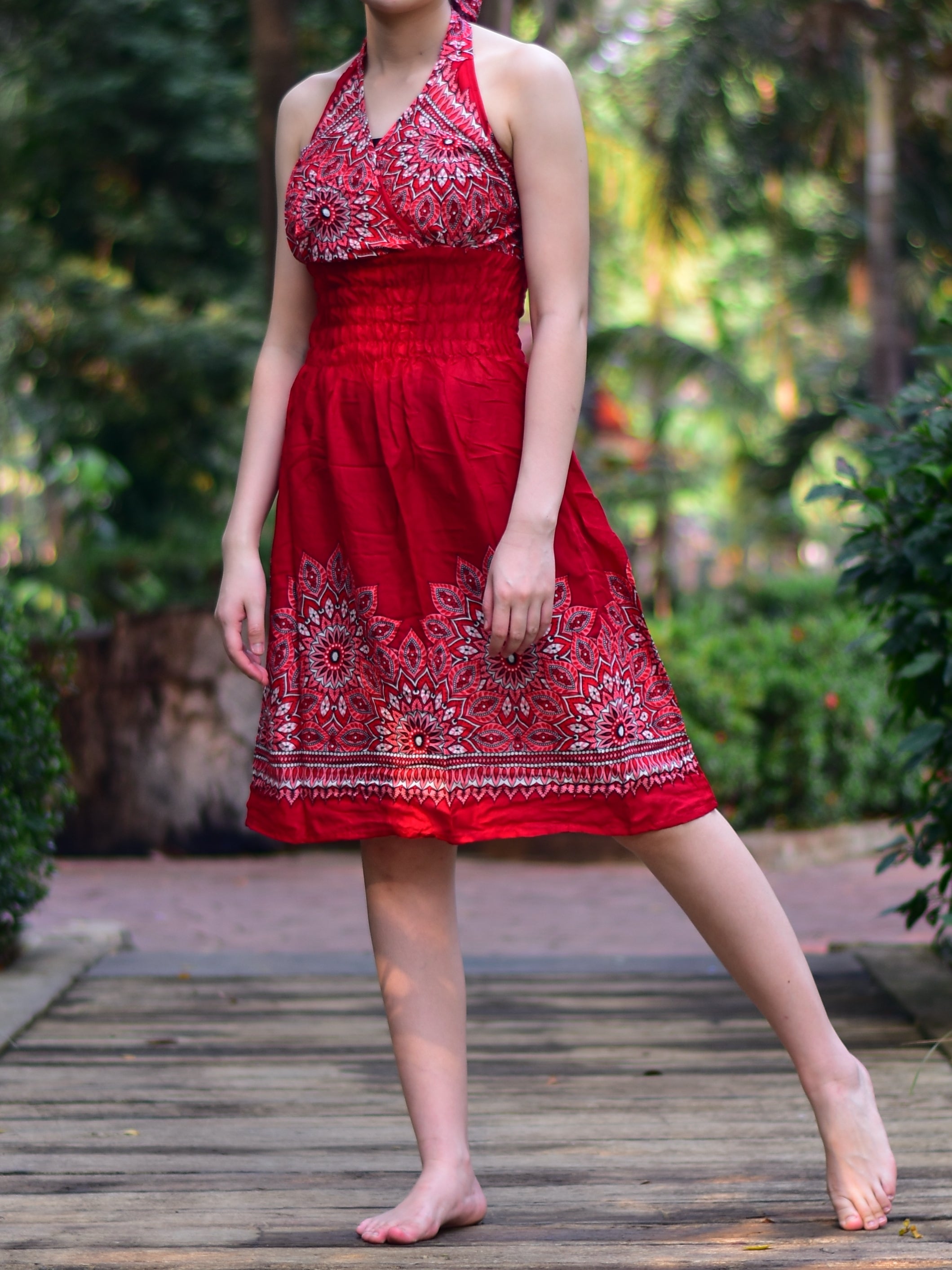 Bohotusk Red Tigers Eye Tie Neck Knee Length Dress showcasing a relaxed fit, tie neckline, and vibrant color, perfect for summer wear.